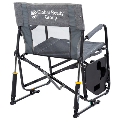 Gray polyester chair with a custom imprint.