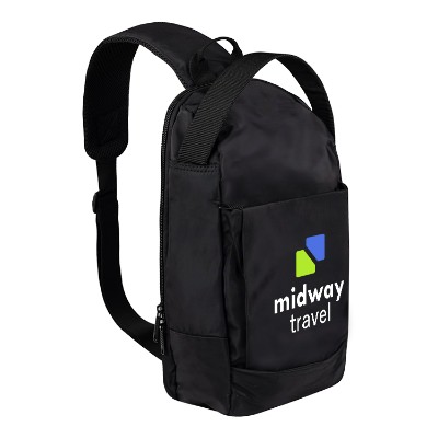 Black sling bag with a full-color custom imprint.