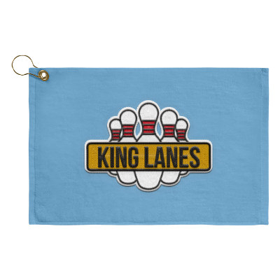 Blue golf towel with custom embroidered imprint.