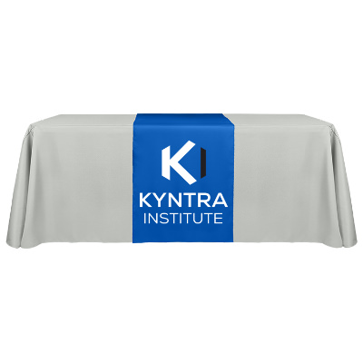 24 inches x 60 inches custom full-color polyester table runner with serged edges.