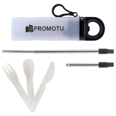 Custom imprinted stainless steel sip and snack kit.