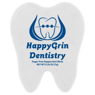 Customized white tooth credit card mints.