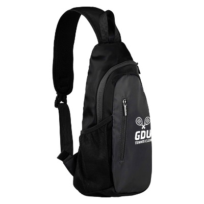 Black and gray sling bag with custom imprint.