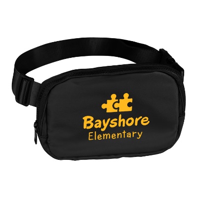 Black belt bag with strap and custom logo.