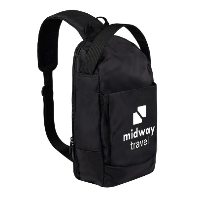 Black sling bag with white custom imprint.