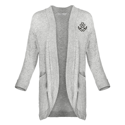 Custom gray cardigan with imprint.