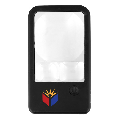 Black plastic magnifier with a custom imprint.