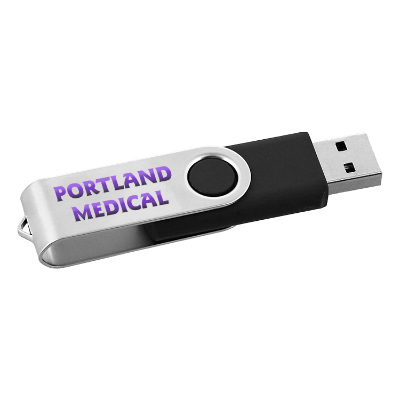 Black stainless steel flash drive with a personalized logo.