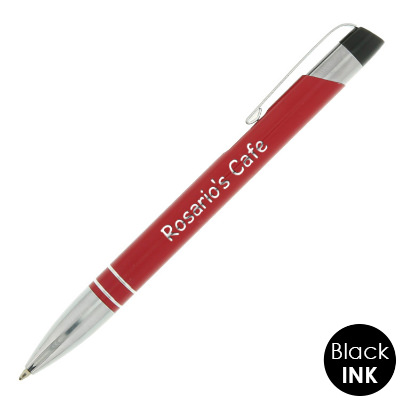 Custom engraved aluminum ballpoint pen with chrome accents.