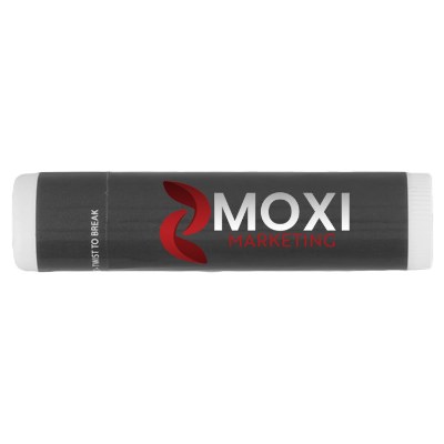 White plastic lip balm with a personalized imprint.