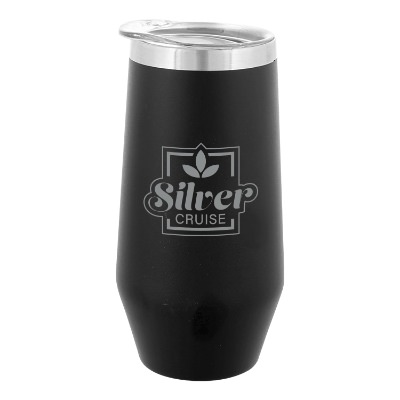 Black stainless wine tumbler with custom logo.
