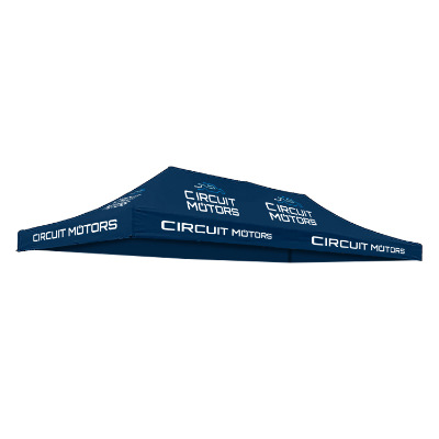 Navy 20-ft. tent canopy with custom imprint in 7 locations.