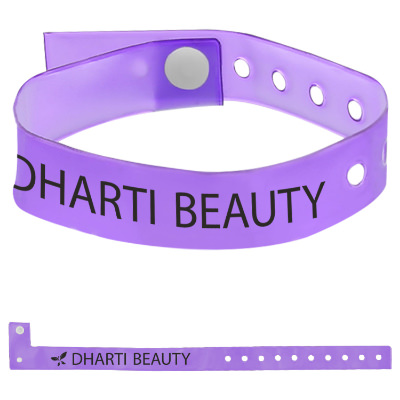 Purple vinyl wristband with a custom logo.