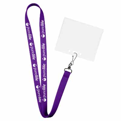 5/8 inch red tubular polyester custom logo lanyard with j-hook and horizontal ID holder.