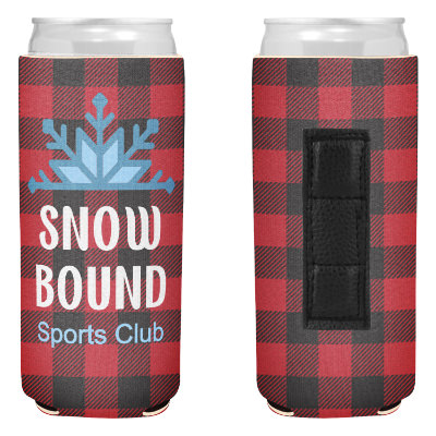 Holiday slim can cooler with custom full color imprint.