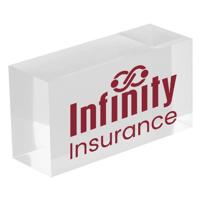 Clear resin paperweight with personalized logo.