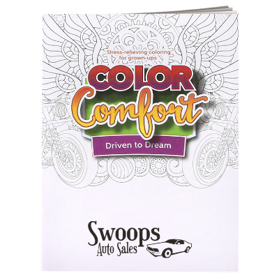 Multicolored paper coloring book with a custom imprint.