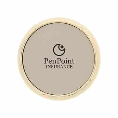 Leather and cork royal blue with zinc trim circle coasters with custom imprint.