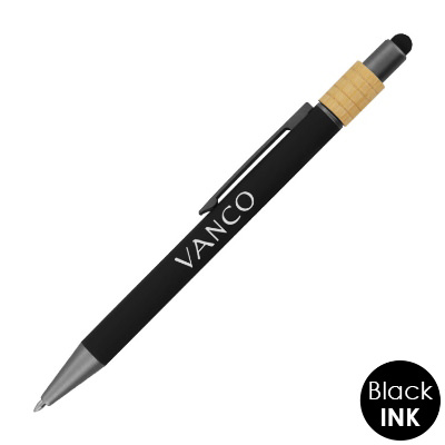 Black aluminum pen with a personalized imprint.