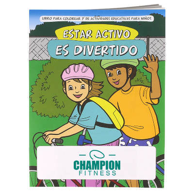 Multicolored paper coloring book with a custom imprint.