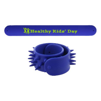 Blue silicone bracelet with a branded imprint.