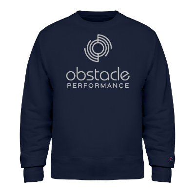 Navy blue imprinted crew neck sweatshirt.