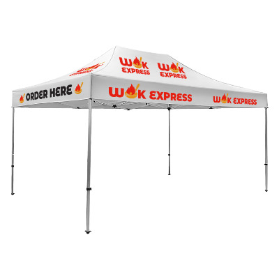 White 15-ft. tent with custom imprint in 10 locations.