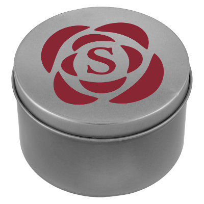 Silver metal candle with a branded imprint.