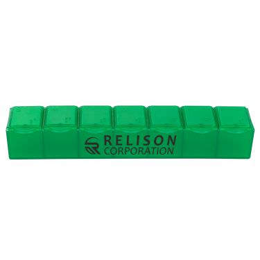 Plastic green pill box with a branded logo.