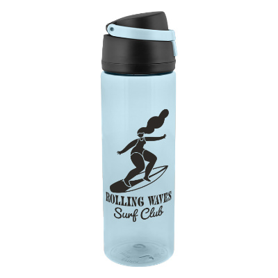 Translucent light blue plastic bottle with a personalized imprint.