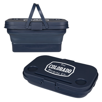 Navy plastic picnic basket with custom logo.