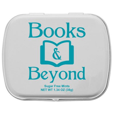 Hinged metallic silver mint tin imprint.