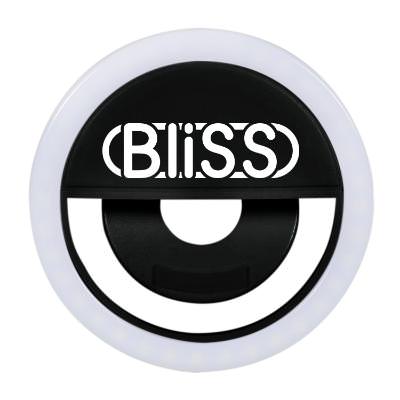 Black plastic selfie light with a personalized imprint.
