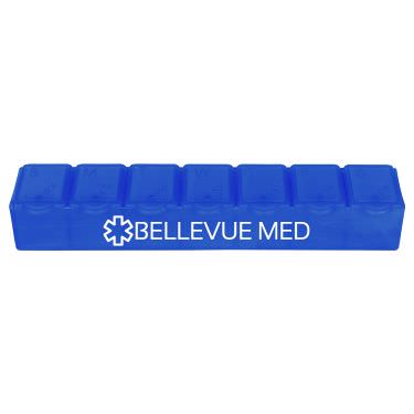 Plastic blue pill box with a personalized logo.