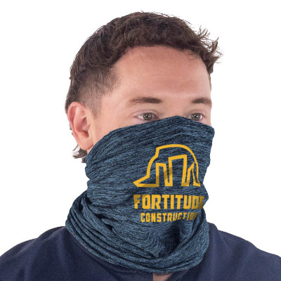 Blue polyester neck gaiter with a custom logo.