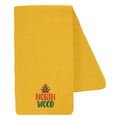 Gold acrylic scarf with custom embroidered logo.