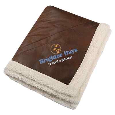 Sherpa lined brown leather blanket with custom logo.