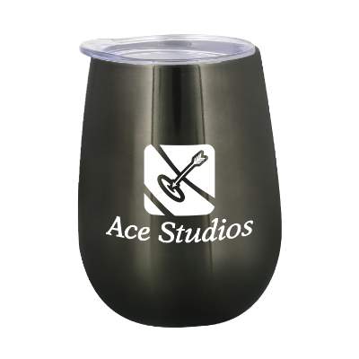 Stainless wine glass with custom imprint.
