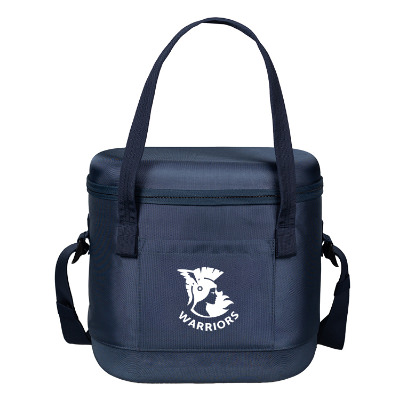 Blue polyester cooler with a customized logo.