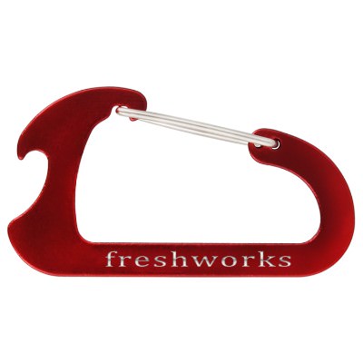 Metal red carabiner bottle opener engraved.