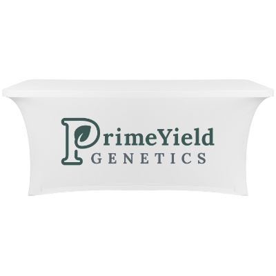 6 foot stretch fitted polyester table cover with full-color imprint on front.