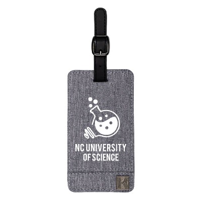Customized luggage tag with black strap.