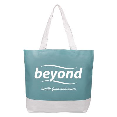 Laminated polypropylene royal blue charisma tote with imprinted logo.
