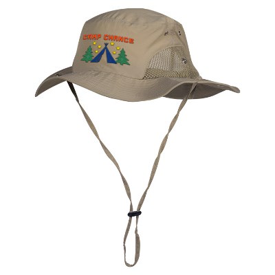 Embroidered khaki microfiber sun hat.