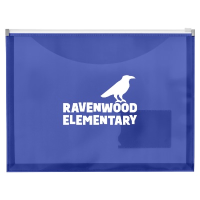 Blue plastic document holder with a custom logo.