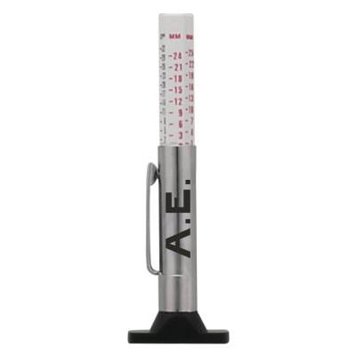 Silver with black trim stainless steel tire depth gauge with custom promotional logo.