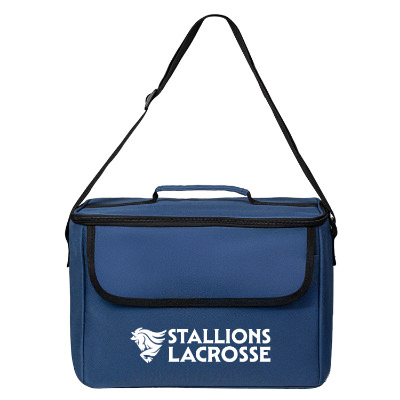 Blue polyester cooler with a customized logo.