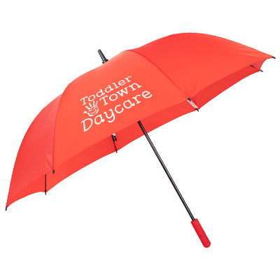 Red shed rain auto open golf umbrella with custom imprint.