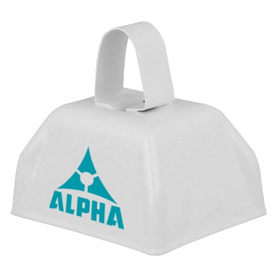 White metal cowbell with a branded imprint.