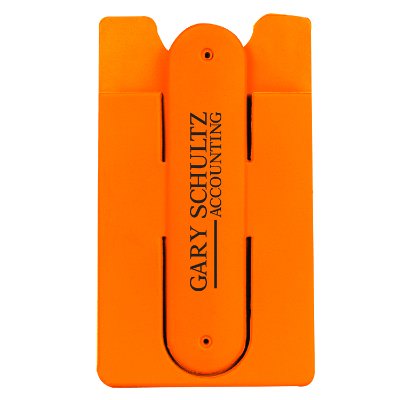 Orange silicone phone wallet with customized logo on stand.